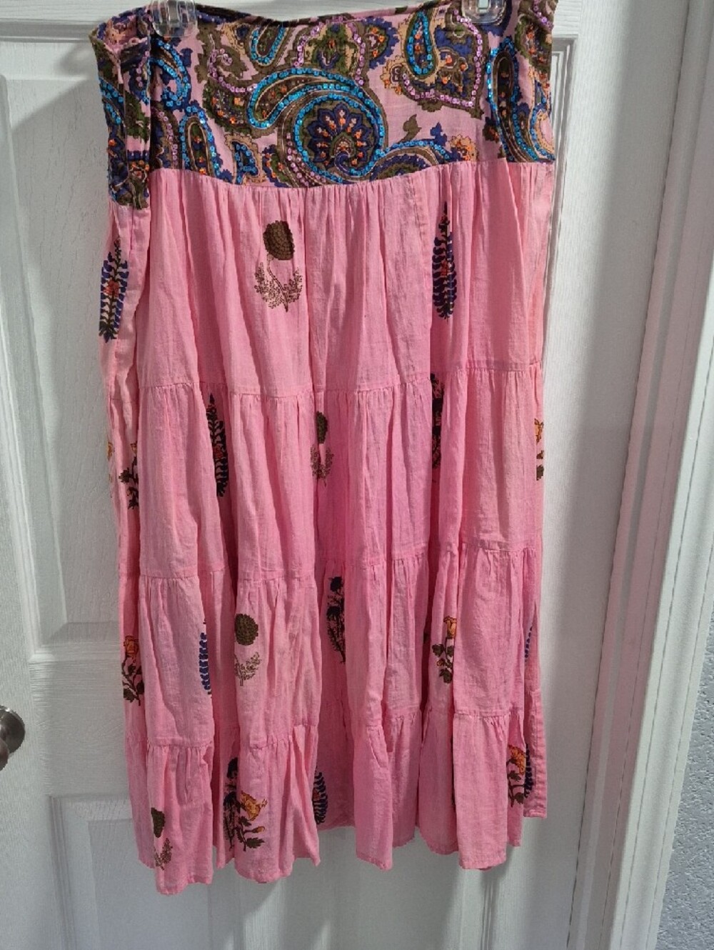 Boho Pink Tiered Maxi Skirt with Paisley Waistband. Waist 34, Length 33 - Picture 4 of 5